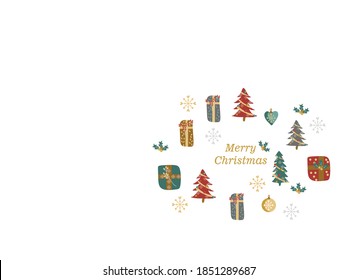 Christmas tree, gifts and toys, wreath, vector illustration of Christmas card