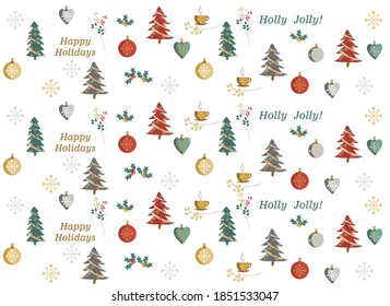 Christmas tree, gifts and toys, wreath, vector illustration of Christmas card