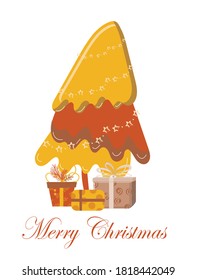 Regalos vectores. Decoradas en diferentes estilos, se encuentran bajo el árbol. El árbol está decorado con una guirnalda de estrellas. Diseño de tarjetas de vacaciones.