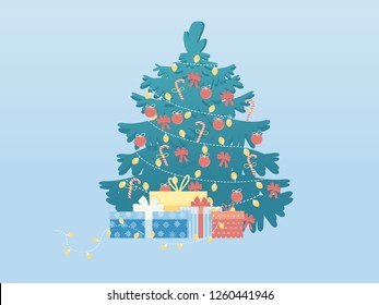 Christmas tree with gifts. Vector illustration.