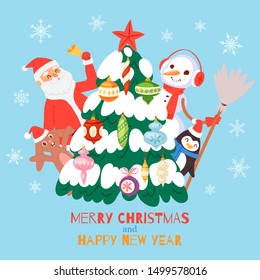 Christmas tree with gifts vector illustration card. Cartoon Happy New Year and happy christmas toys on snow tree with santa claus and snowman for kids greeting card.