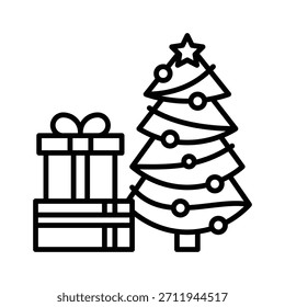 Árvore De Natal Com Ilustração De Vetor De Presentes, Ícone De Estilo De Linha