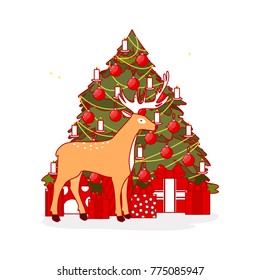 Christmas tree with gifts. Vector illustration.