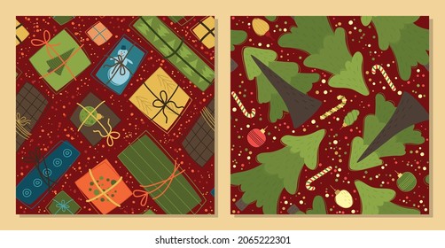 Weihnachtsbaum und Geschenke - Vektorset nahtloser Weihnachtsmuster. Winterhintergrund für Gewebe, Textilien, Tapeten, Plakate, Geschenkverpackung und Papier, Servietten. Drucken für Kinder