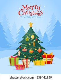 Christmas tree with gifts winter celebration postcard for season's greetings holidays and new year