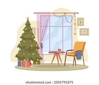 Christmas tree with gifts wrapped in holiday boxes, living room interior with big window, table and chair, flat cartoon vector illustration. Home interior with decorated New Year tree with garland