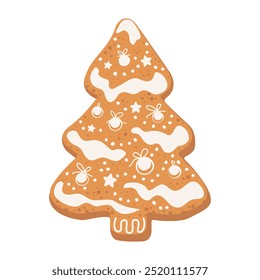 Christmas Tree Gingerbread Cookie with decorative sweet icing. Hand drawn vector illustration isolated on white background. Traditional winter holiday ginger baking