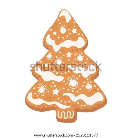 Christmas Tree Gingerbread Cookie with decorative sweet icing. Hand drawn vector illustration isolated on white background. Traditional winter holiday ginger baking