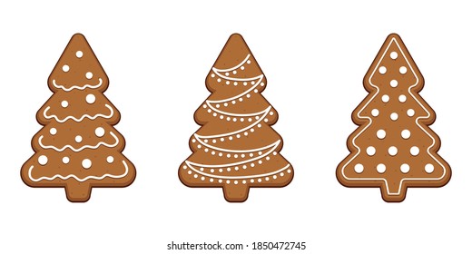 Christmas tree gingerbread cookie. Set of 3 realistic Christmas trees of gingerbread cookies. Vector illustration.