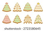 Christmas Tree Gingerbread Cookies Set with Colorful Icing, Sprinkles and Sugar Glaze. Festive Holiday Bakery Illustrations for Christmas Cards, Packaging Decorations. Vector Illustration
