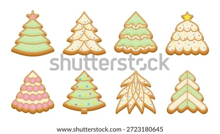 Christmas Tree Gingerbread Cookies Set with Colorful Icing, Sprinkles and Sugar Glaze. Festive Holiday Bakery Illustrations for Christmas Cards, Packaging Decorations. Vector Illustration