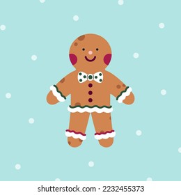 Christmas tree Gingerbread Man on a light blue background and snow. Colorful vector greeting card.