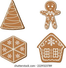 Weihnachtsbaum, Lebkuchenmann, Schneeflocken, Gemütliches Haus - Weihnachtskekse Vektorgrafik 