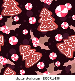 Christmas tree gingerbread with white cream frosting and two colors swirl lollipops. Seamless pattern illustration with mistletoe and leaves, cookies and candies