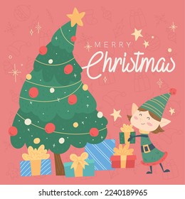 Christmas tree and girl elf cartoon kawaii Merry christmas gretting card Vector illustration