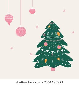 Christmas tree, glass balls, collection of Christmas elements. vector illustration.