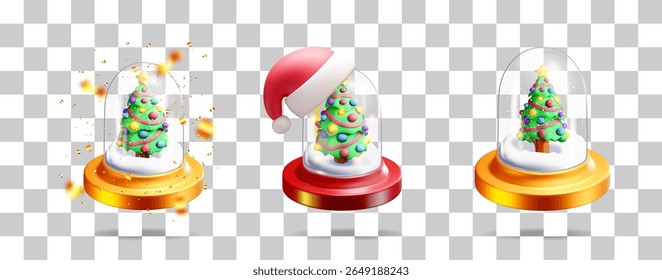 Christmas tree in glass dome with snow and confetti, also with santa hat. Holiday celebration 3d realistic vector graphic element set.