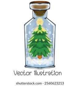 Christmas tree in a glass jar with snow falling starlight shines Vector illustration