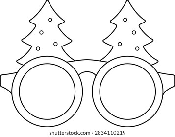 Christmas Tree Glasses Outline Vector isolated.
Funny Holiday Eyewear Children's coloring pages.
Costume Party Glasses Line.
Novelty Party Decorations.
Transparent background.
