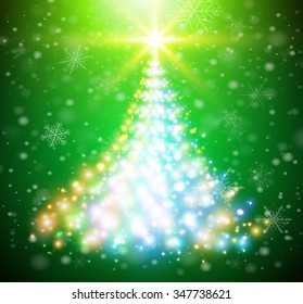 Christmas tree from glittering lights. Vector Christmas background.
