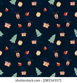 Christmas tree, glowing ball, deer head, bell, house with chimney in vector rounded corner theme seamless pattern background. Best for winter holiday fabric, giftwrap, scrapbook, greeting cards design