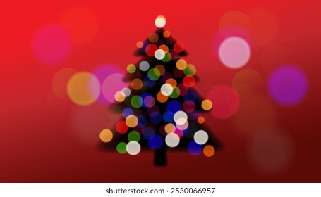 Silhueta do bokeh da guirlanda brilhante da árvore de Natal no fundo vermelho. Cartaz de Natal ou modelo de cartão ou folheto. Ilustração vetorial
