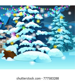 Christmas tree with glowing garlands on background of wooden house of a small town. Sample of poster, party holiday invitation, festive New Year card. Vector cartoon close-up illustration.