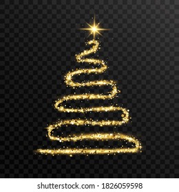 Christmas tree with glowing glitter gold lights and stars. New Year card. Luxury Holiday design. Celebration background. Bright golden garland light. Vector illustration.