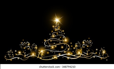 christmas tree with glowing gold stars and many gift boxes on dark background, outline, vector illustration