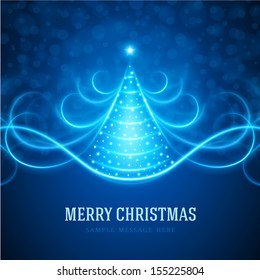 Christmas tree from glowing light lines background with merry christmas wish celebration for greeting card or banner vector illustration. Vector illustration.
