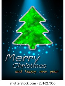 Christmas tree with glowing lights. blue background 
