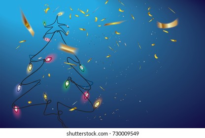 Christmas tree glowing lights with defocused confetti around.Happy New Year and Merry Christmas decorative greeting card.Vector illustration.