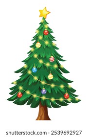 Christmas tree with glowing ornaments, featuring a gold star on top and warm lights. Vector cartoon illustration
