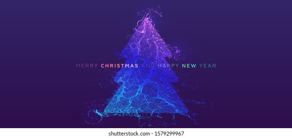 Christmas tree glowing particles liquid dynamic flow sign for New Year  holiday poster, cover or placard. Trendy fluid cover design. Eps10 vector illustration