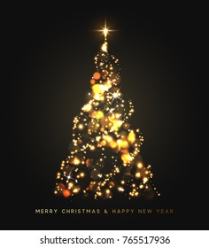 Christmas tree glows in sparks and bokeh lights. Golden tree. Happy New Year and Merry Christmas. Vector illustration. 