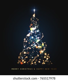 Christmas tree glows in sparks and bokeh lights. Golden tree. Happy New Year and Merry Christmas. Vector illustration. 