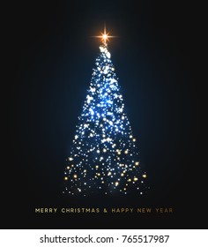 Christmas tree glows in sparks and bokeh lights. Golden tree. Happy New Year and Merry Christmas. Vector illustration. 