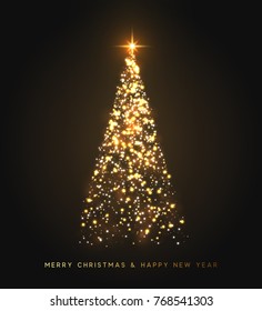 Christmas tree glows in sparks and bokeh lights. Golden tree. Happy New Year and Merry Christmas. Vector illustration 