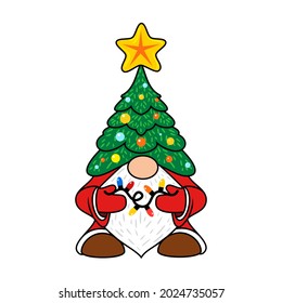 Christmas tree gnome with a garland. Vector isolated cartoon character. Christmas card.