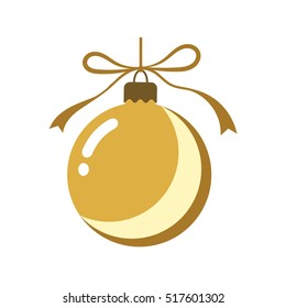 Christmas tree gold ball with bow. Golden bauble decoration, isolated on white background. Symbol of Happy New Year, Xmas holiday celebration, winter. Flat design for card. Vector illustration