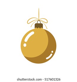 Christmas tree gold ball with bow. Golden bauble decoration, isolated on white background. Symbol of Happy New Year, Xmas holiday celebration, winter. Flat design for card. Vector illustration