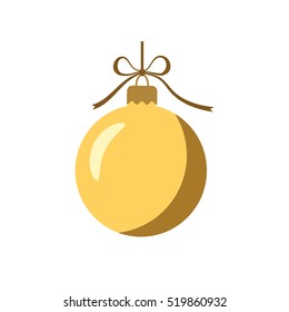 Christmas tree gold ball with bow. Golden bauble decoration, isolated on white background. Symbol of Happy New Year, Xmas holiday celebration, winter. Flat design for card. Vector illustration