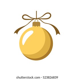 Christmas tree gold ball with bow. Golden bauble decoration, isolated on white background. Symbol of Happy New Year, Xmas holiday celebration, winter. Flat design for card. Vector illustration