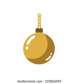 Christmas tree gold ball with chain. Golden bauble decoration, isolated on white background. Symbol of Happy New Year, Xmas holiday celebration, winter. Flat design for card. Vector illustration