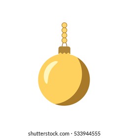 Christmas tree gold ball with chain. Golden bauble decoration, isolated on white background. Symbol of Happy New Year, Xmas holiday celebration, winter. Flat design for card. Vector illustration