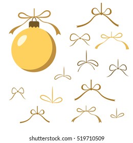 Christmas tree gold ball icon with bows set. Golden ribbons decoration, isolated on white background. Symbol of Happy New Year, Xmas holiday celebration. Flat design. Vector illustration