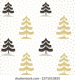 Christmas tree gold and black seamless pattern. Winter Noel print, New year holidays golden decoration, fir tree background, wallpaper, wrapping paper design, gift wrap.