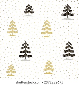 Christmas tree gold and black seamless pattern. Winter Noel print, New year holidays golden decoration, fir tree background, wallpaper, wrapping paper design, gift wrap.