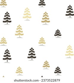 Christmas tree gold and black seamless pattern. Winter forest hand drawn Noel print, New year holidays golden decoration, blue background with fir tree, wallpaper, wrapping paper design, gift wrap.