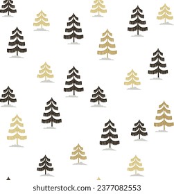 Christmas tree gold and black seamless pattern. Winter forest hand drawn Noel print, New year holidays golden decoration, blue background with fir tree, wallpaper, wrapping paper design, gift wrap.